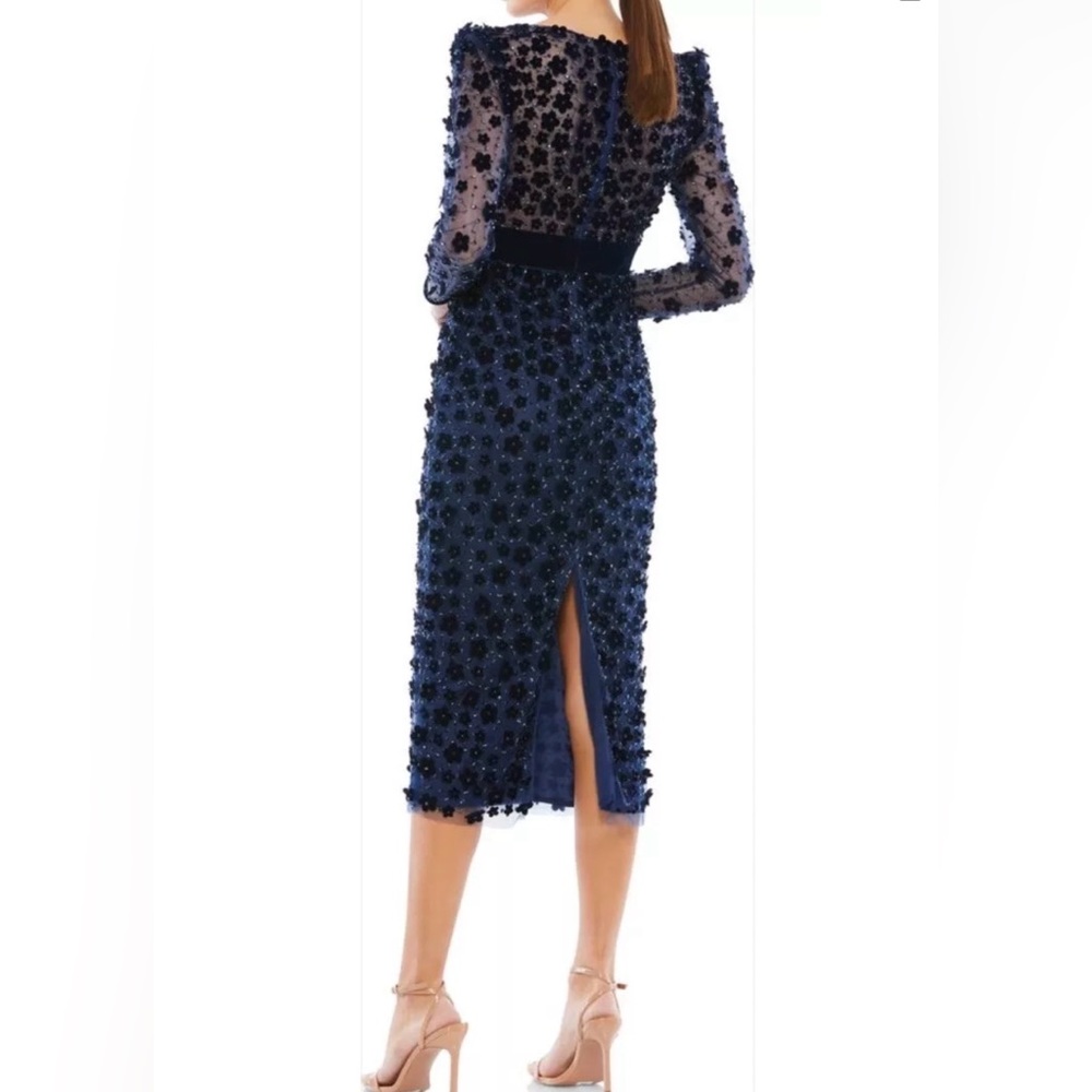 New Mac Duggal Beaded Floral Appliqué Long Sleeve Tulle Sheath Dress Midnight 8 - Picture 2 of 9